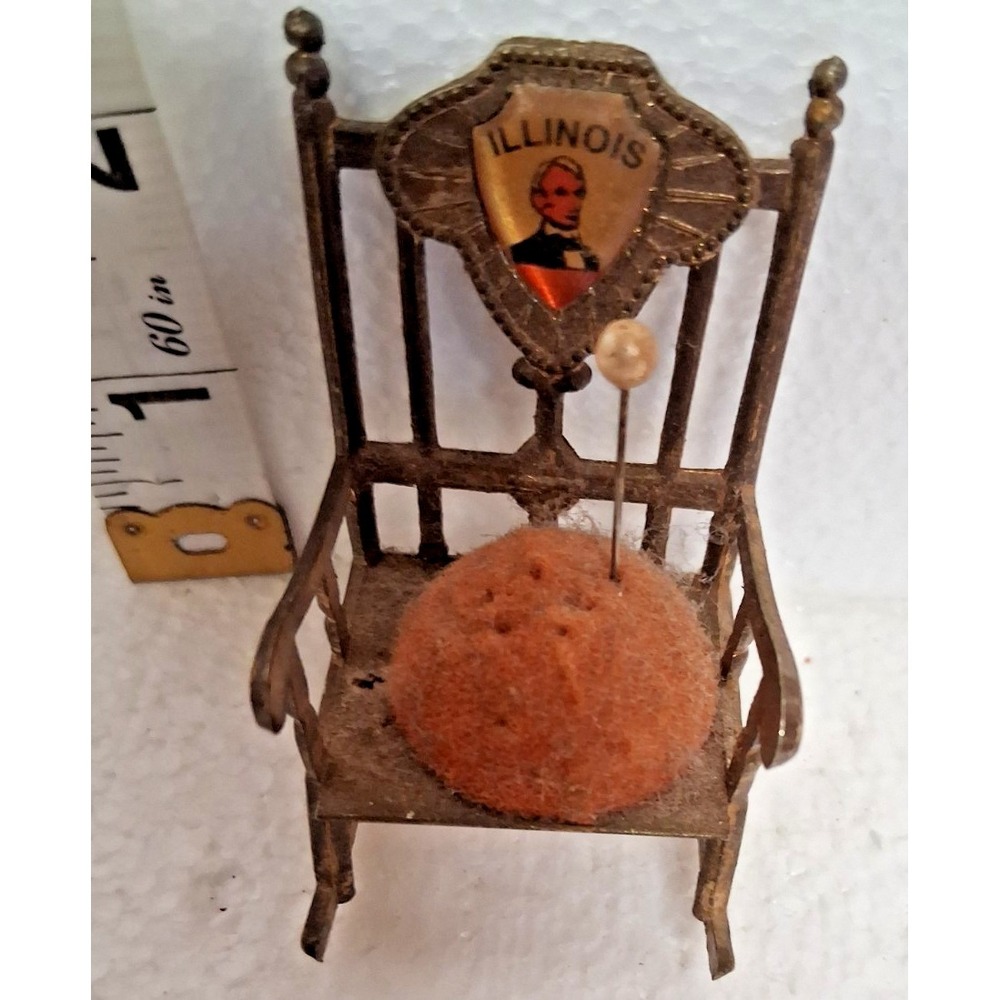 1950's Novelty Rocking Chair Pin Cushion Brass Red Illinois Souvenir